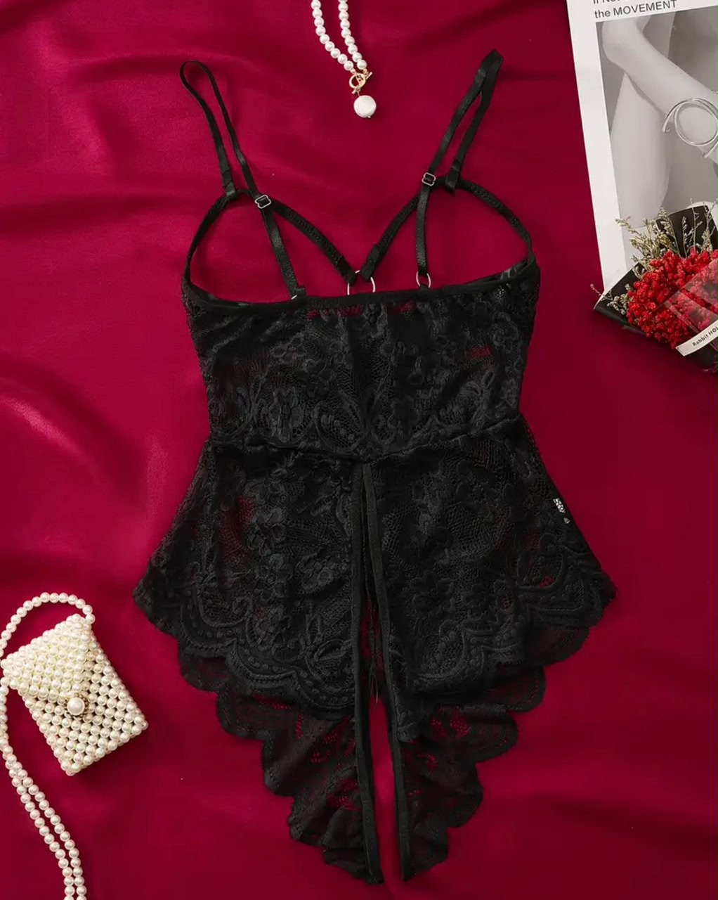 Crotchless Bow Tie Lace Teddy Lingerie