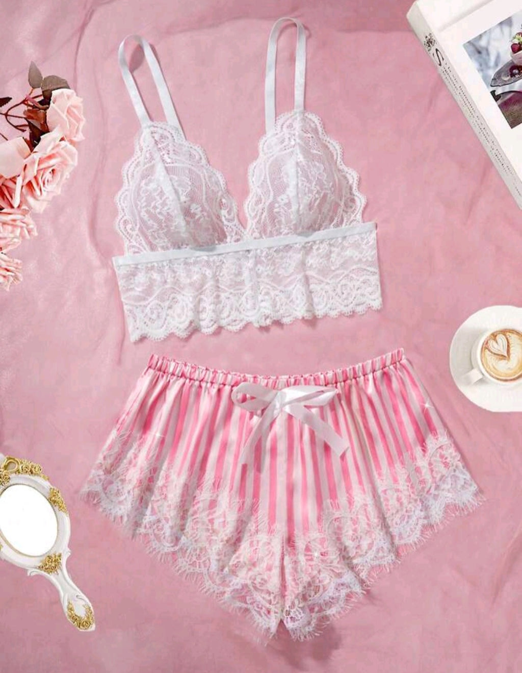 Striped Satin Lace Lingerie Set