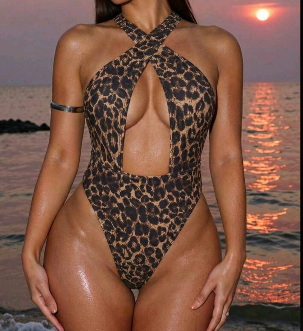 Leopard Criss Cross Neck One Piece Swimsuit